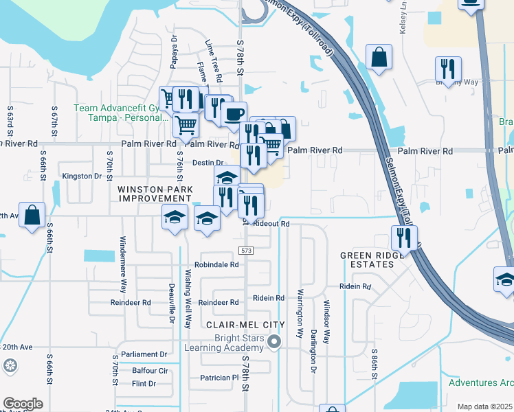 map of restaurants, bars, coffee shops, grocery stores, and more near 1133 Eau Claire Circle in Tampa