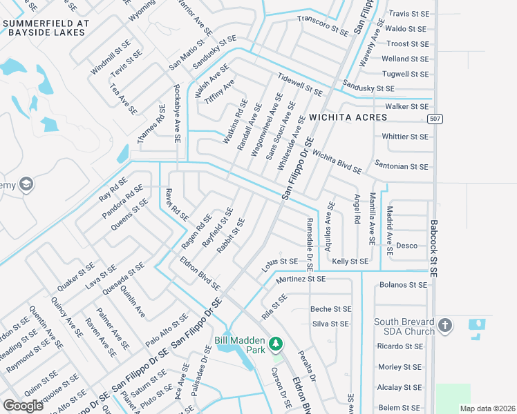 map of restaurants, bars, coffee shops, grocery stores, and more near 1371 Rabbit Street Southeast in Palm Bay