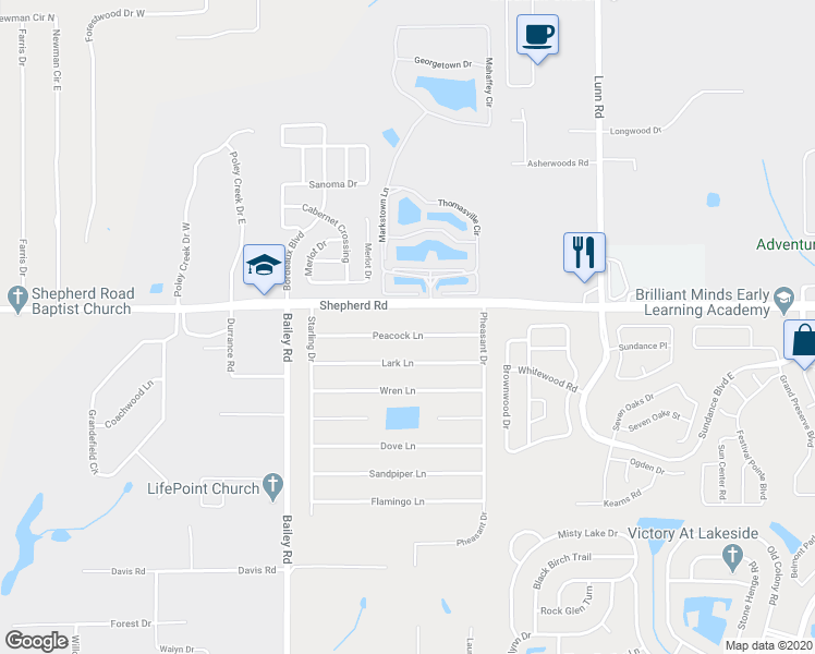 map of restaurants, bars, coffee shops, grocery stores, and more near 3265 Peacock Lane in Mulberry