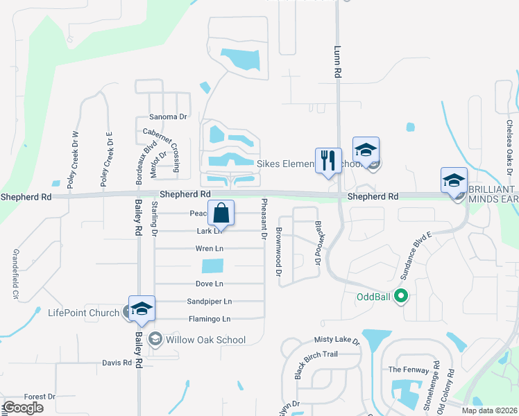 map of restaurants, bars, coffee shops, grocery stores, and more near 3035 Peacock Lane in Mulberry