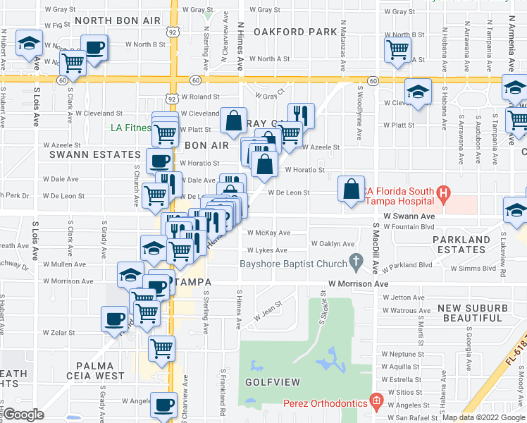 map of restaurants, bars, coffee shops, grocery stores, and more near 3404 West Swann Avenue in Tampa