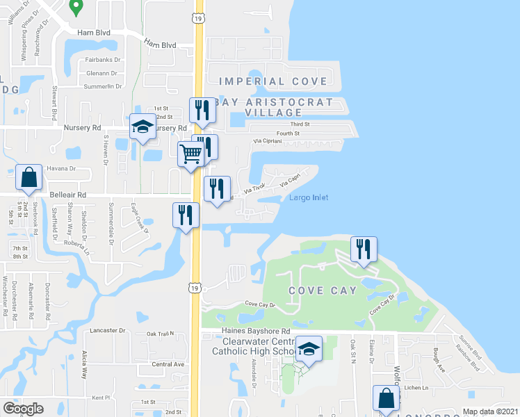 map of restaurants, bars, coffee shops, grocery stores, and more near 2724 Via Murano in Clearwater