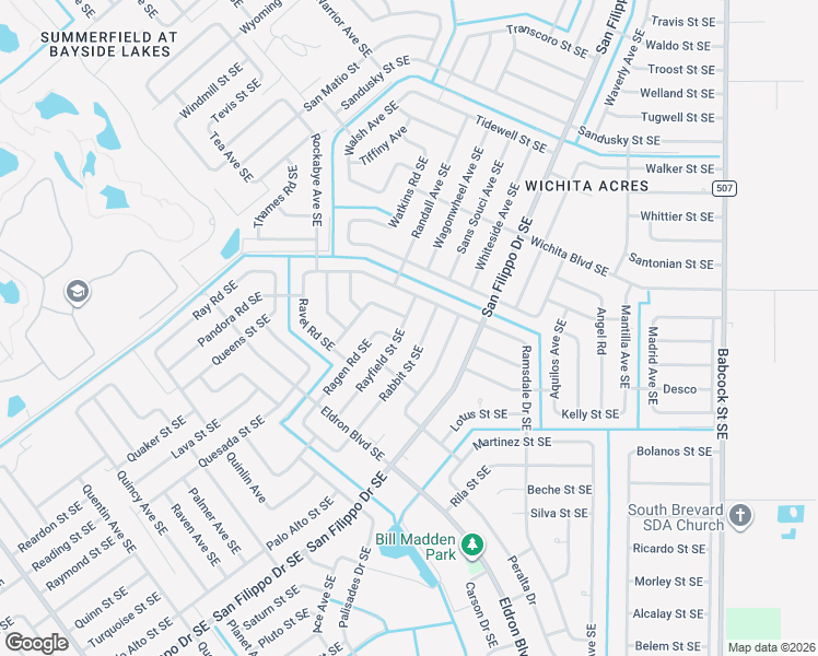 map of restaurants, bars, coffee shops, grocery stores, and more near 1276 Rayfield Street Southeast in Palm Bay