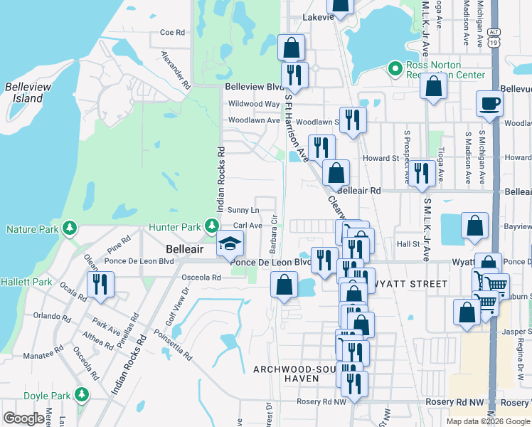 map of restaurants, bars, coffee shops, grocery stores, and more near 331 Shirley Avenue in Clearwater