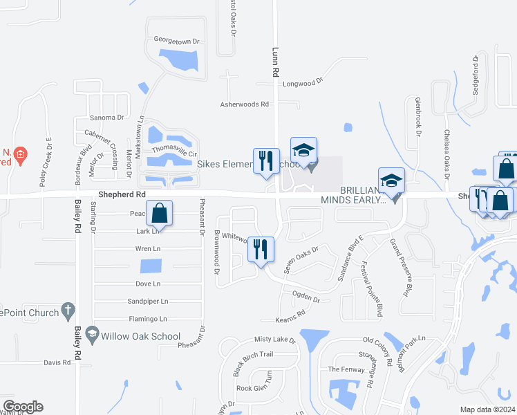 map of restaurants, bars, coffee shops, grocery stores, and more near 2226 Blackwood Drive in Mulberry