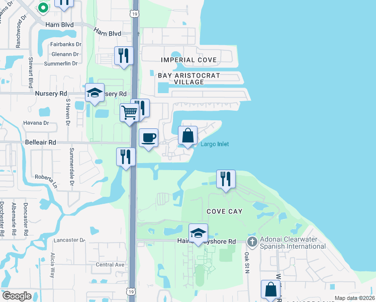 map of restaurants, bars, coffee shops, grocery stores, and more near 2732 Via Murano in Clearwater