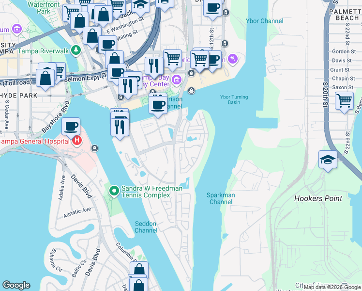 map of restaurants, bars, coffee shops, grocery stores, and more near 611 Arbor Lake Lane in Tampa