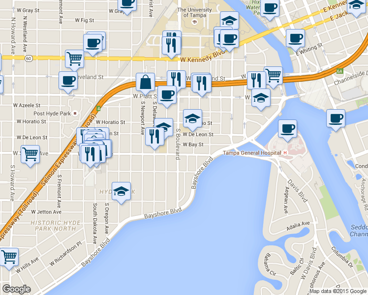 map of restaurants, bars, coffee shops, grocery stores, and more near 715 West Swann Avenue in Tampa
