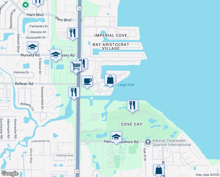 map of restaurants, bars, coffee shops, grocery stores, and more near 2732 Via Murano in Clearwater