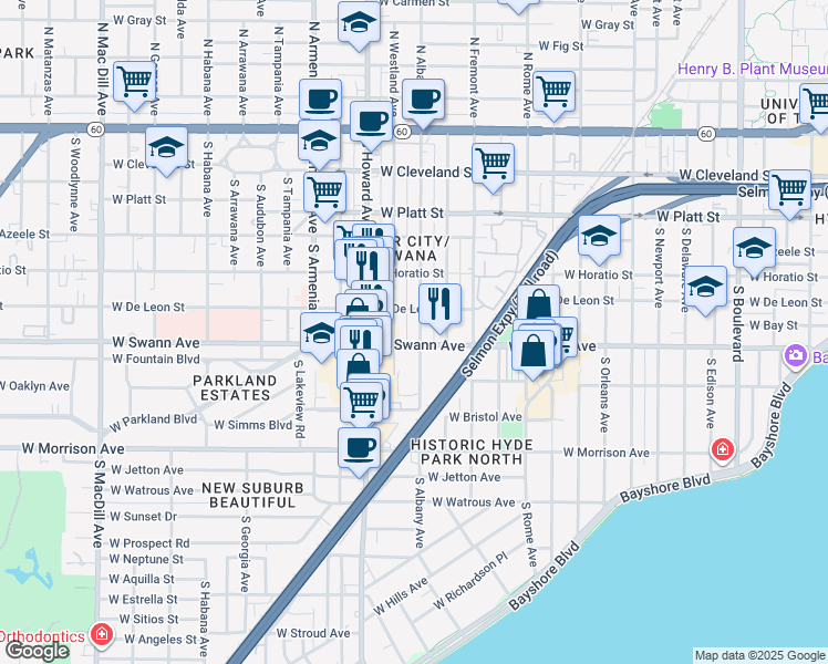 map of restaurants, bars, coffee shops, grocery stores, and more near 702 South Albany Avenue in Tampa