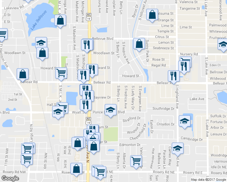 map of restaurants, bars, coffee shops, grocery stores, and more near 1623 S Prescott Ave in Clearwater