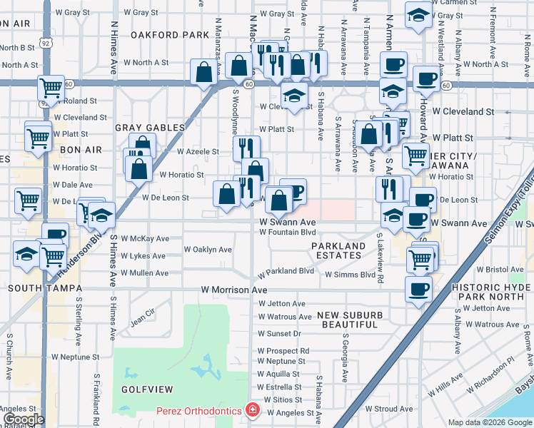 map of restaurants, bars, coffee shops, grocery stores, and more near 627 Swann Drive in Tampa