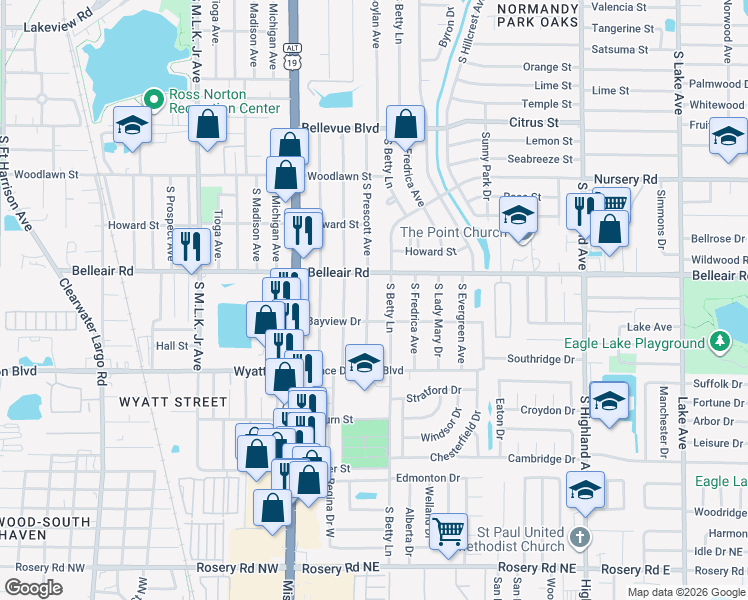 map of restaurants, bars, coffee shops, grocery stores, and more near 1623 South Prescott Avenue in Clearwater