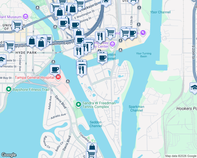 map of restaurants, bars, coffee shops, grocery stores, and more near 402 Knights Run Avenue in Tampa