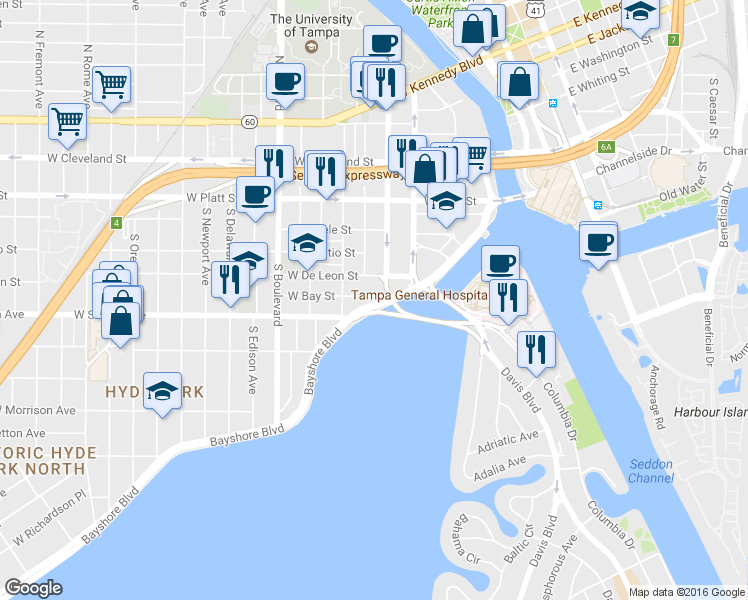 map of restaurants, bars, coffee shops, grocery stores, and more near 501 Bayshore Boulevard in Tampa