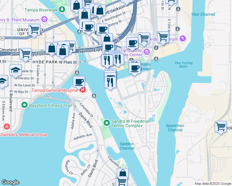 map of restaurants, bars, coffee shops, grocery stores, and more near 777 South Harbour Island Boulevard in Tampa