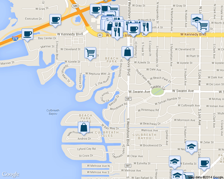 map of restaurants, bars, coffee shops, grocery stores, and more near 5003 S Shore Crest Cir in Tampa