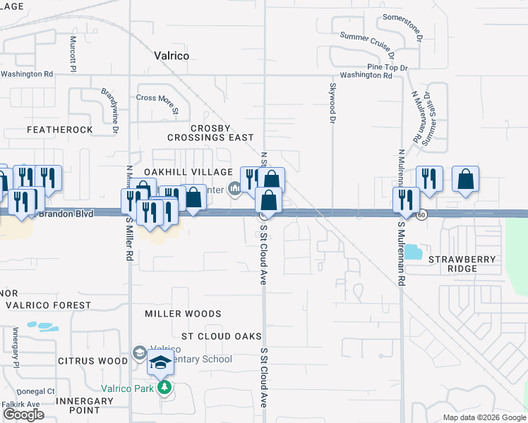 map of restaurants, bars, coffee shops, grocery stores, and more near in Valrico