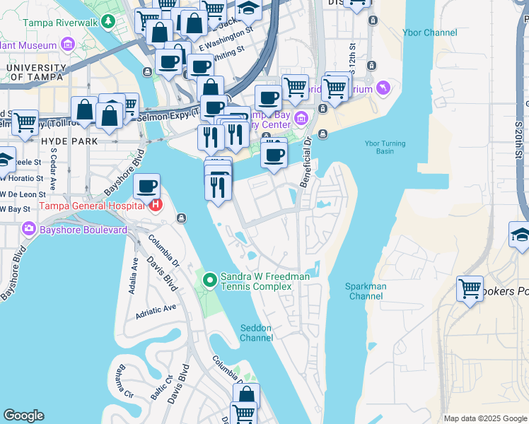 map of restaurants, bars, coffee shops, grocery stores, and more near 402 Knights Run Avenue in Tampa