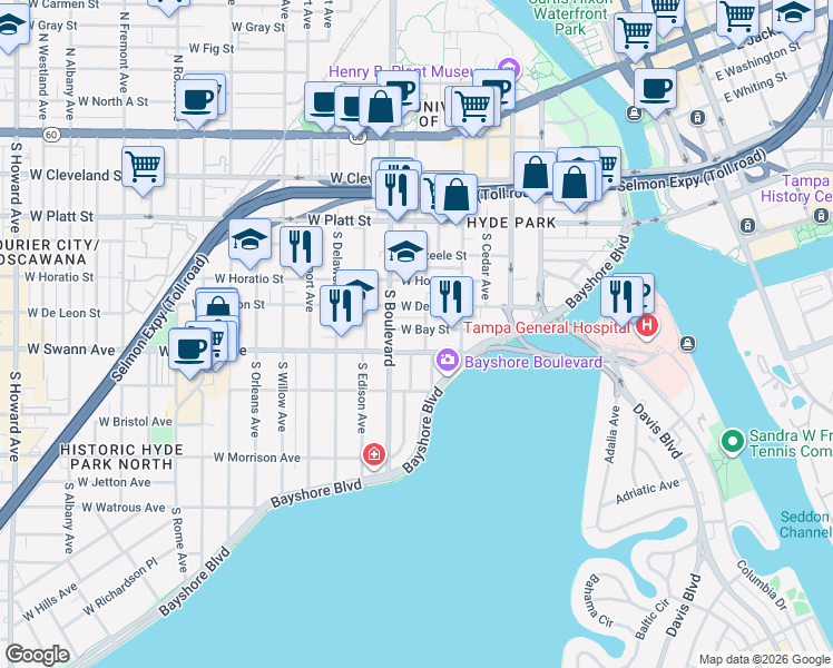 map of restaurants, bars, coffee shops, grocery stores, and more near 611 West Swann Avenue in Tampa