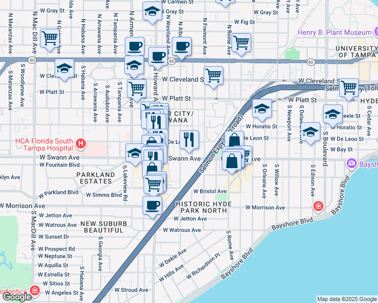 map of restaurants, bars, coffee shops, grocery stores, and more near 702 South Albany Avenue in Tampa