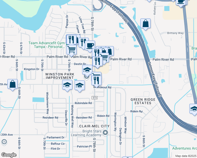 map of restaurants, bars, coffee shops, grocery stores, and more near 1133 Eau Claire Circle in Tampa