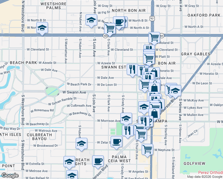 map of restaurants, bars, coffee shops, grocery stores, and more near 4013 West Swann Avenue in Tampa