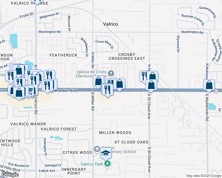 map of restaurants, bars, coffee shops, grocery stores, and more near 2566 Florida 60 in Valrico