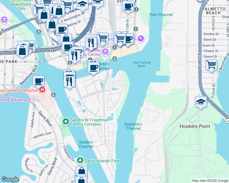 map of restaurants, bars, coffee shops, grocery stores, and more near 611 Arbor Lake Lane in Tampa