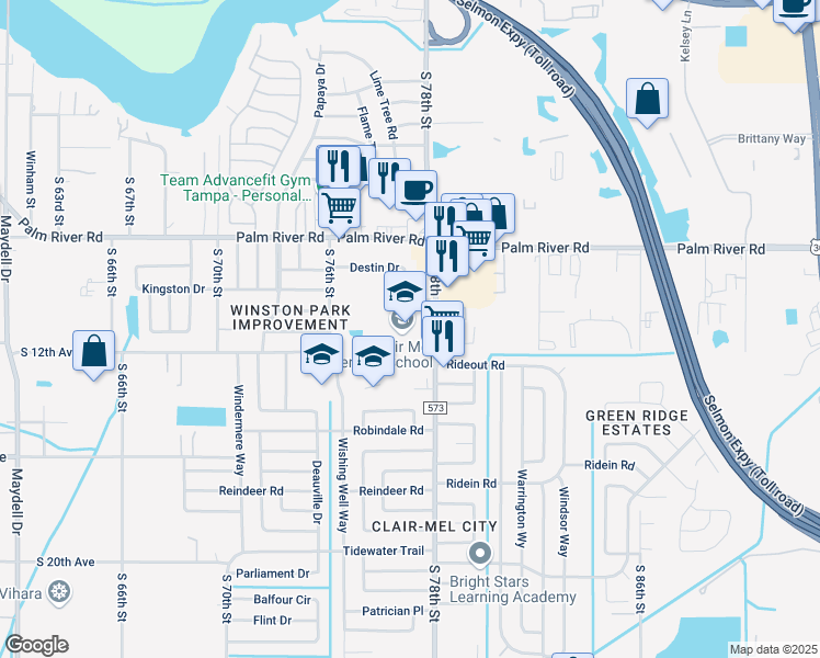 map of restaurants, bars, coffee shops, grocery stores, and more near 1025 South 78th Street in Tampa