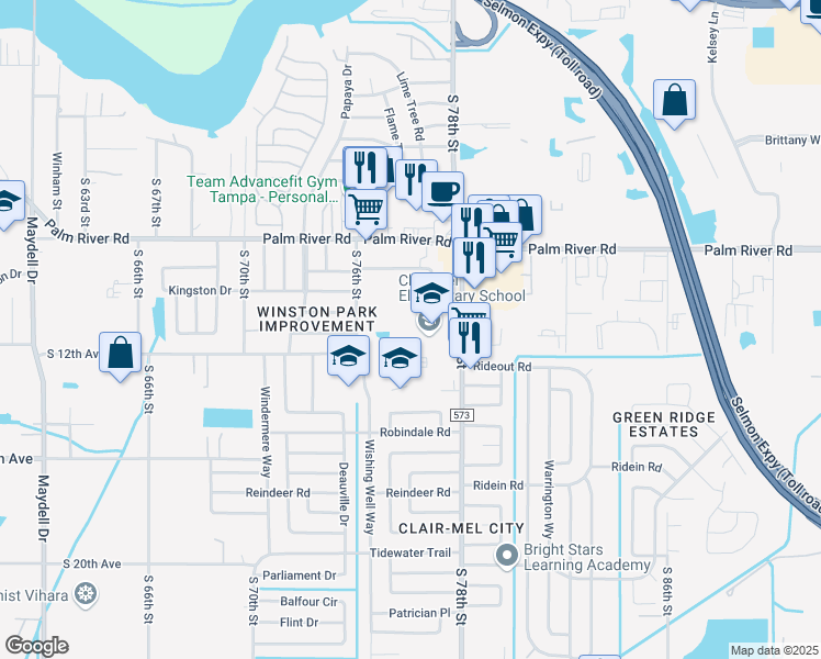 map of restaurants, bars, coffee shops, grocery stores, and more near 1025 S 78th St in Tampa
