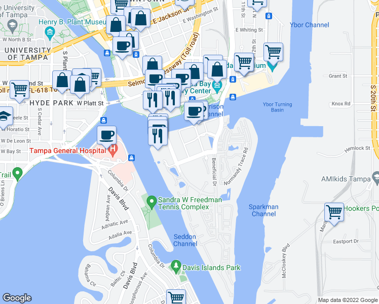 map of restaurants, bars, coffee shops, grocery stores, and more near 402 Knights Run Avenue in Tampa