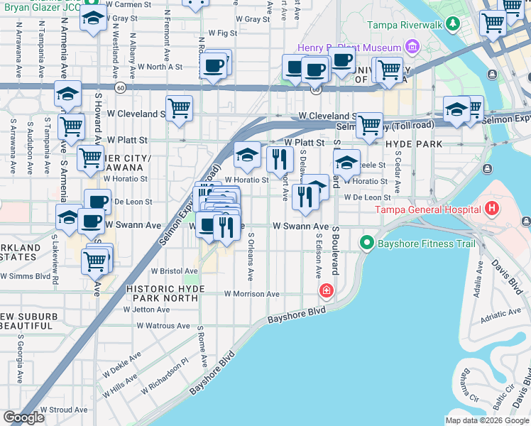 map of restaurants, bars, coffee shops, grocery stores, and more near 1303 West Swann Avenue in Tampa