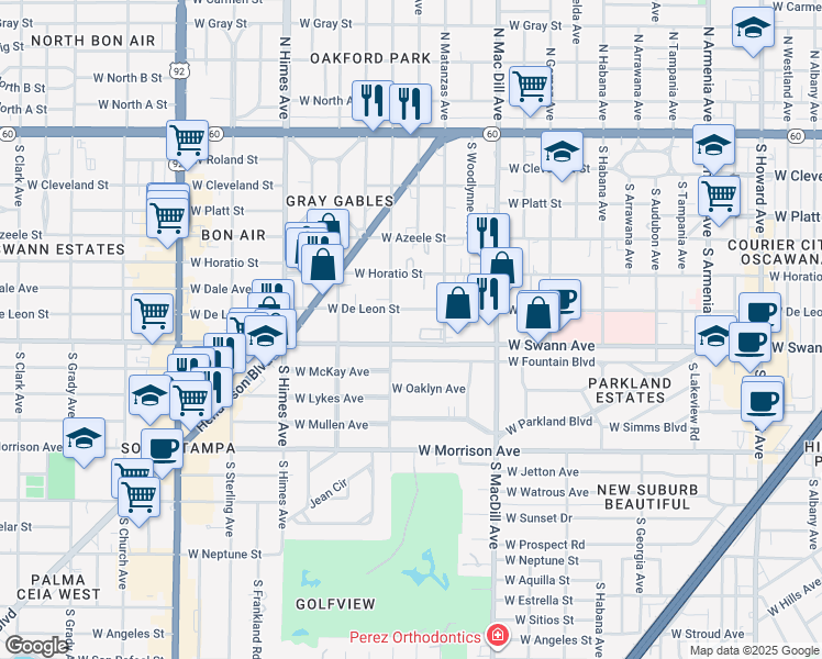 map of restaurants, bars, coffee shops, grocery stores, and more near 3221 West Swann Avenue in Tampa