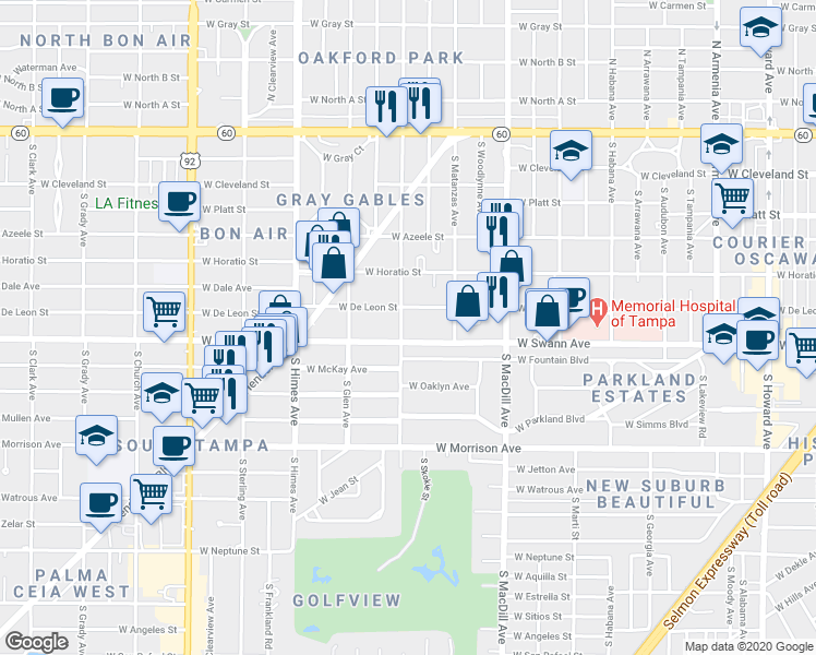 map of restaurants, bars, coffee shops, grocery stores, and more near 3221 West Swann Avenue in Tampa