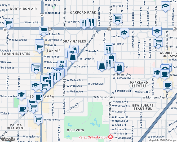 map of restaurants, bars, coffee shops, grocery stores, and more near 3221 West Swann Avenue in Tampa