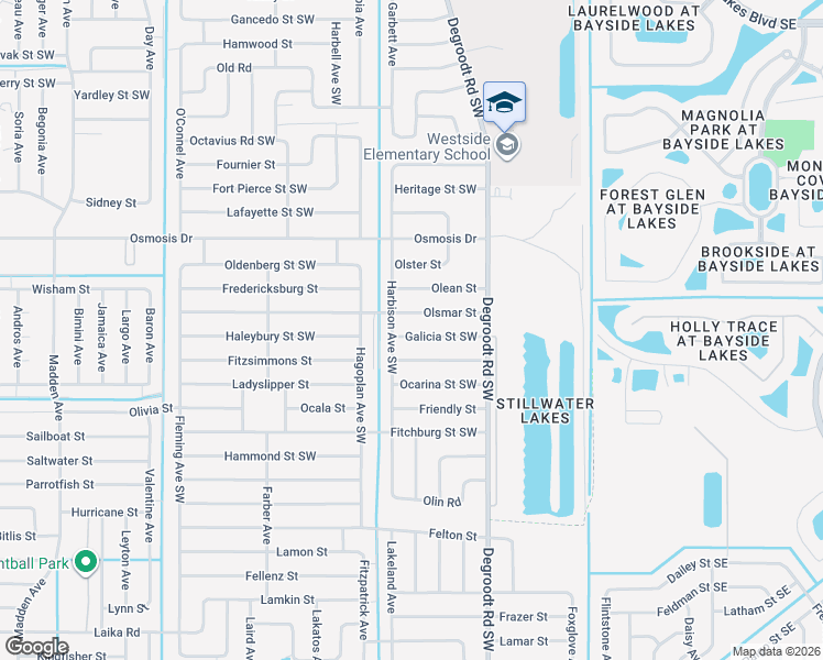 map of restaurants, bars, coffee shops, grocery stores, and more near 374 Galicia Street Southwest in Palm Bay