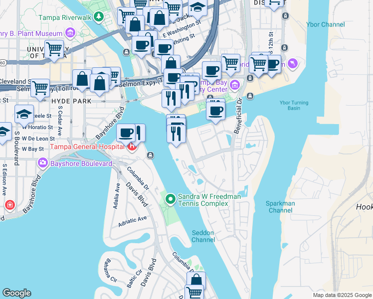 map of restaurants, bars, coffee shops, grocery stores, and more near 201 Knights Run Avenue in Tampa