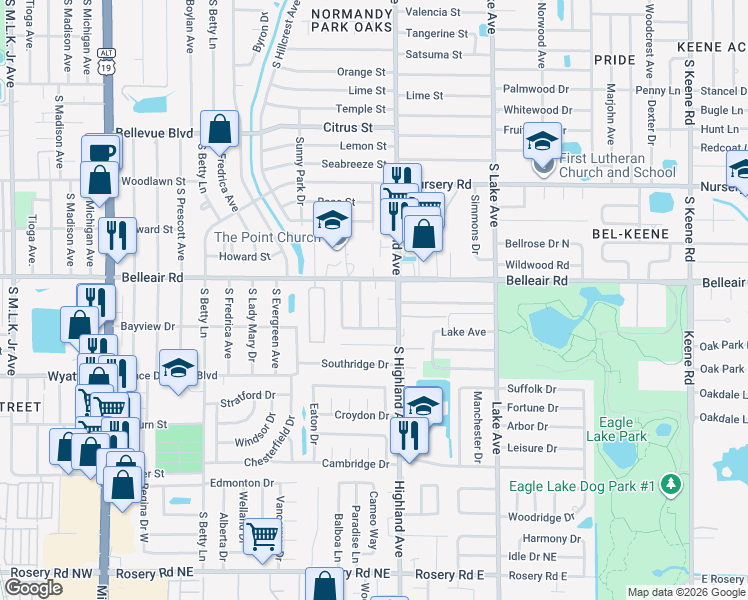 map of restaurants, bars, coffee shops, grocery stores, and more near 1626 Braund Avenue in Clearwater