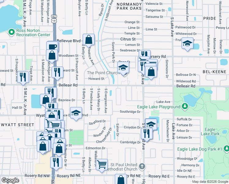 map of restaurants, bars, coffee shops, grocery stores, and more near 1689 Monterey Drive in Clearwater