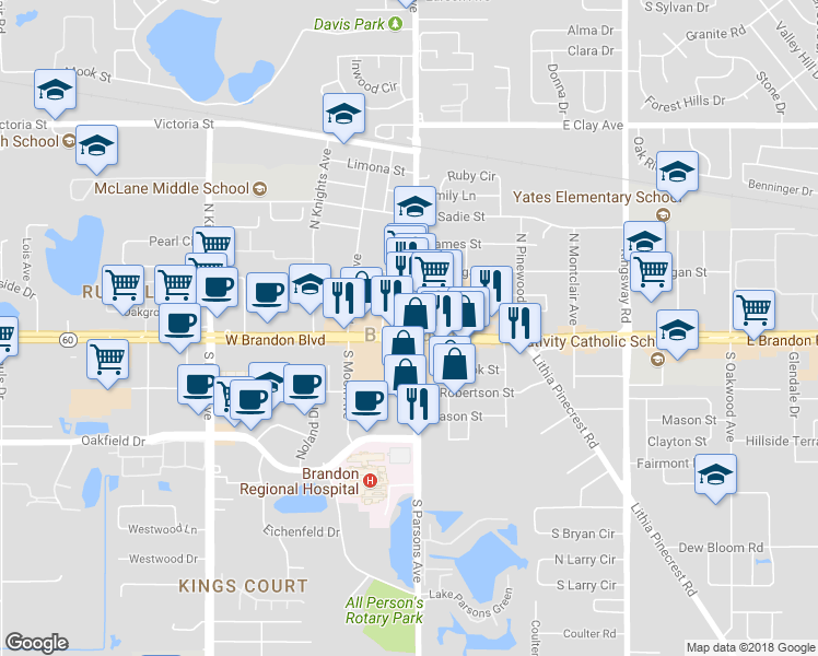map of restaurants, bars, coffee shops, grocery stores, and more near 108 West Brandon Boulevard in Brandon