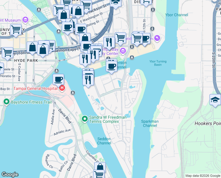 map of restaurants, bars, coffee shops, grocery stores, and more near 450 Knights Run Avenue in Tampa