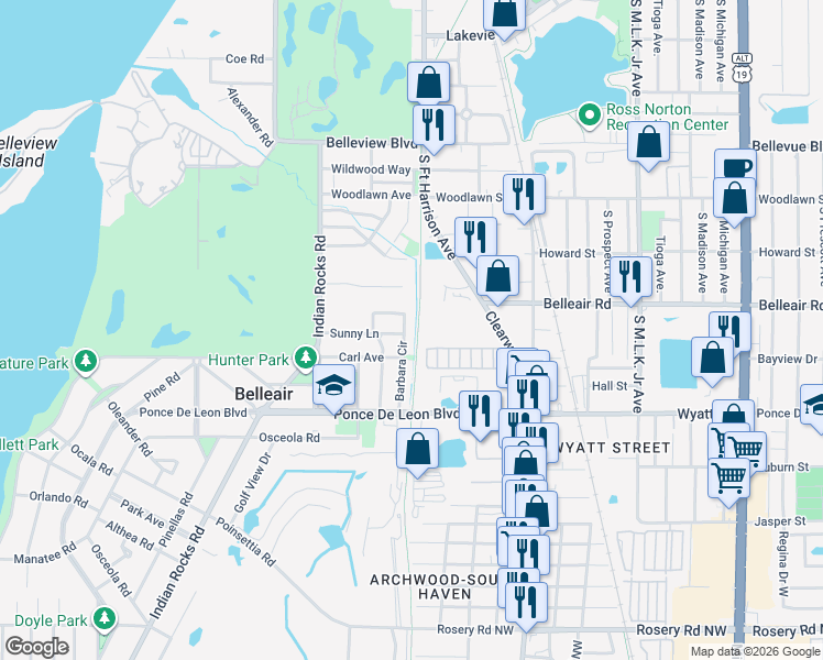 map of restaurants, bars, coffee shops, grocery stores, and more near 335 Barbara Circle in Belleair