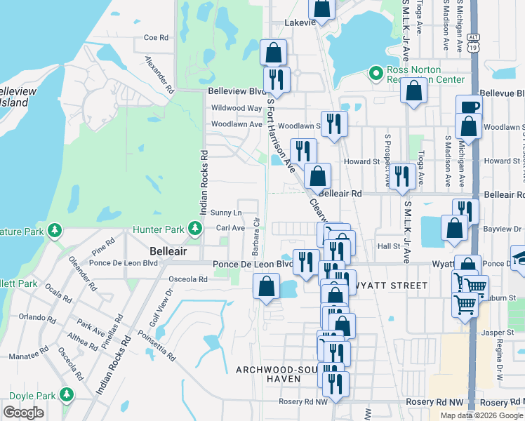 map of restaurants, bars, coffee shops, grocery stores, and more near 335 Barbara Circle in Belleair