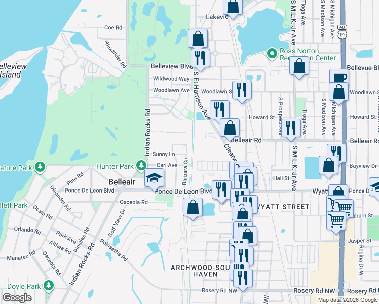 map of restaurants, bars, coffee shops, grocery stores, and more near 327 Barbara Circle in Belleair
