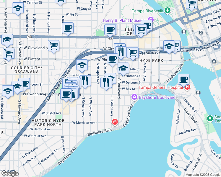 map of restaurants, bars, coffee shops, grocery stores, and more near 1005 West Swann Avenue in Tampa