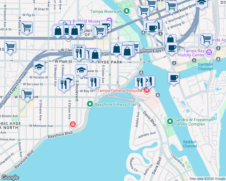 map of restaurants, bars, coffee shops, grocery stores, and more near 501 Bayshore Boulevard in Tampa