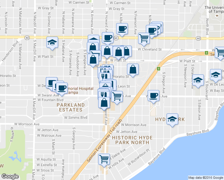 map of restaurants, bars, coffee shops, grocery stores, and more near 2111 West Swann Avenue in Tampa