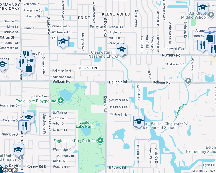 map of restaurants, bars, coffee shops, grocery stores, and more near 1800 Palmcrest Lane in Clearwater