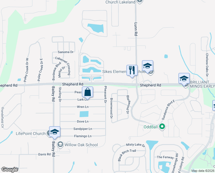 map of restaurants, bars, coffee shops, grocery stores, and more near 3035 Peacock Lane in Mulberry
